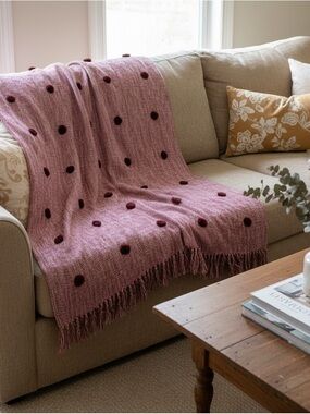 Anthropologie polka dot Pom Throw blanket 60”x70” Deep Red
